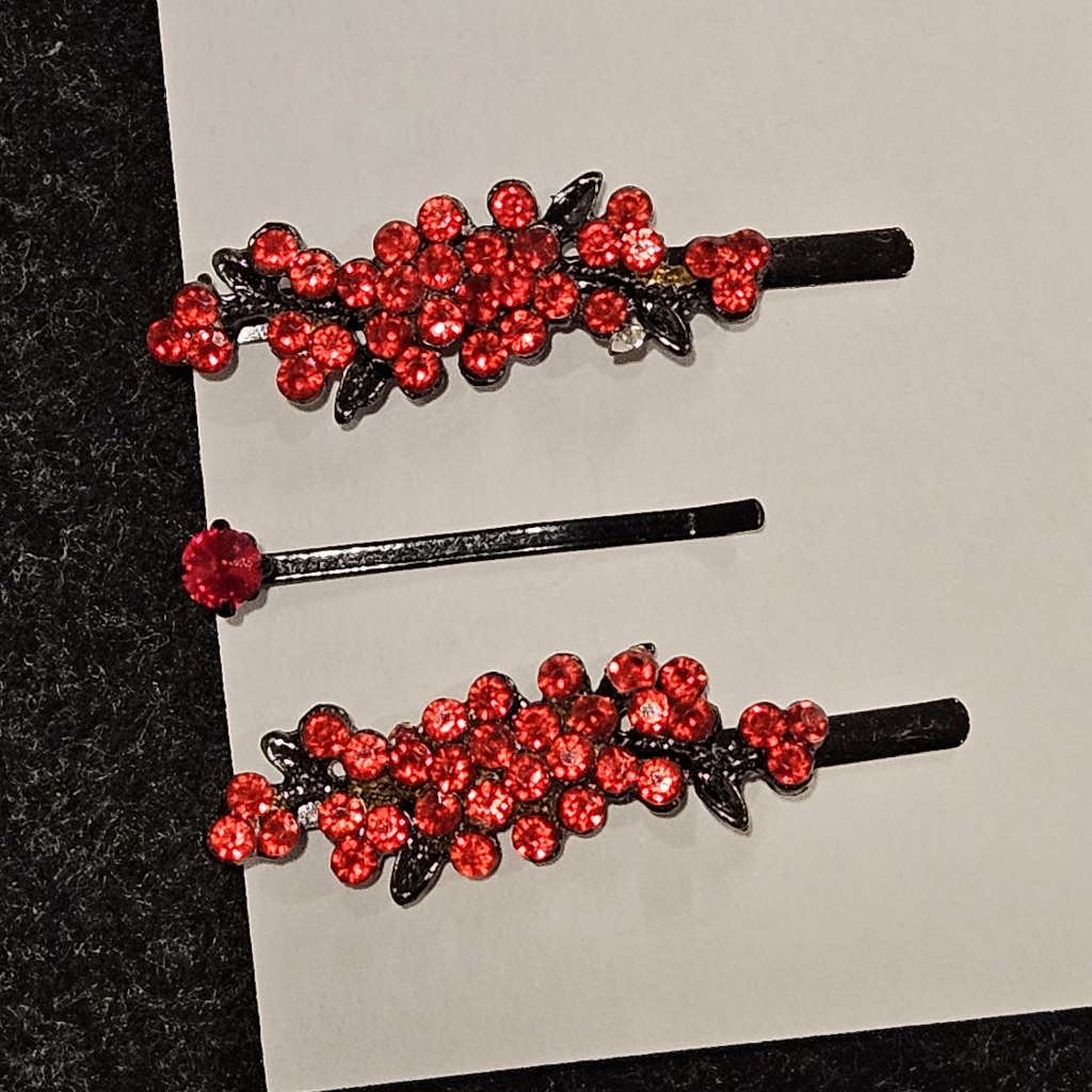 Set Of 3 Ruby Red Rhinestone Hair Pins Special Occasion Bun Braid Prom Party